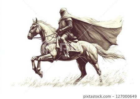 Knight in armor riding a horse with a flowing cape through a grassy field on a bright day, showcasing strength and majesty in a medieval setting 127000649