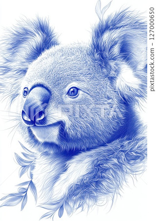 Detailed blue sketch of a koala showcasing its distinct features and natural habitat elements 127000650