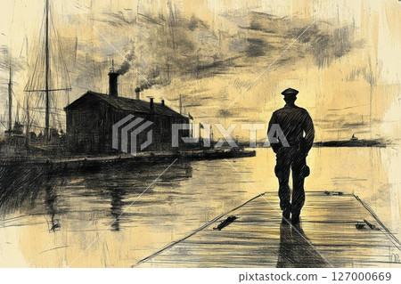 Silhouette of a sailor standing on a dock at sunset near an old industrial building overlooking tranquil waters 127000669