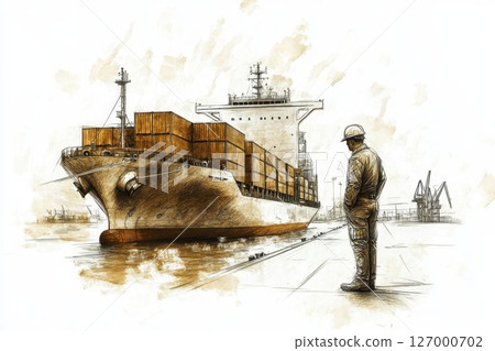 Large cargo ship docks at the port as a worker observes containers being unloaded during a busy day of shipping 127000702