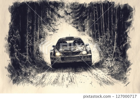 Rally car driving through a forest pathway at dusk showcasing speed and excitement in a hand-drawn style, highlighting the thrill of motorsports and the beauty of nature 127000717