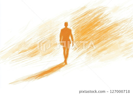 Silhouette of a person walking through an ethereal landscape at dusk, capturing a moment of reflection and solitude in soft, warm hues 127000718