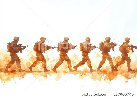 Silhouetted soldiers marching in a desert landscape with weapons during a sunset, showcasing teamwork and determination in military operations 127000740