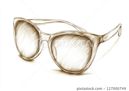 Elegant sketch of stylish cat-eye sunglasses displaying unique design and elegant lines in shades of brown, suitable for fashionable summer outings in warm weather 127000749