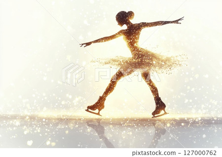 Elegant ice skater performing a graceful routine on a shimmering rink during a sparkling winter evening Elegant ice skater performing a graceful routine on a shimmering rink during a sparkling winter evening 127000762