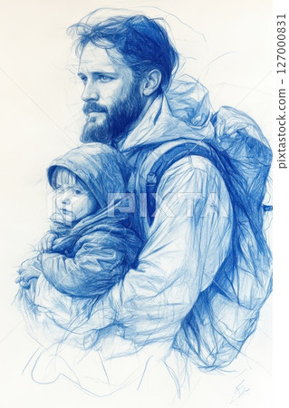 Father carrying child in a blue-toned sketch highlights love and adventure, featuring warm expressions and outdoor gear 127000831