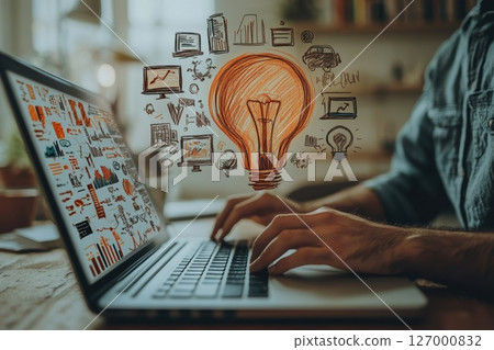 Creative brainstorming session in a cozy workspace with laptop displaying colorful graphs and a light bulb illustration symbolizing innovative ideas 127000832