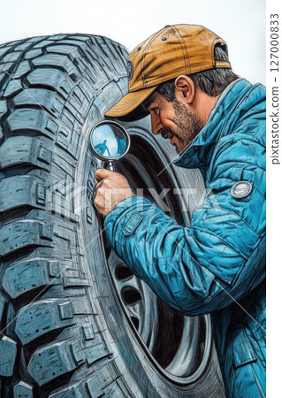 Detailed examination of a tire by a man with a magnifying glass outdoors in a cool climate 127000833