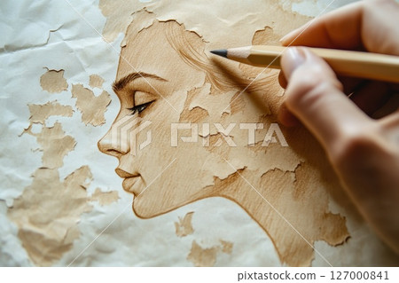 Artistic hand drawing of a woman's profile on textured paper revealing creative expression in a serene artistic workspace during daytime 127000841