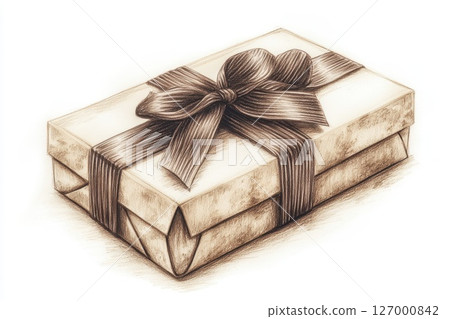 Gift box wrapped with ribbon showcasing detailed craftsmanship and shading in a simple artistic style 127000842