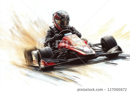 Race car driver skillfully navigating a curve during an exciting competition on the track amidst a cloud of dust and speed 127000872