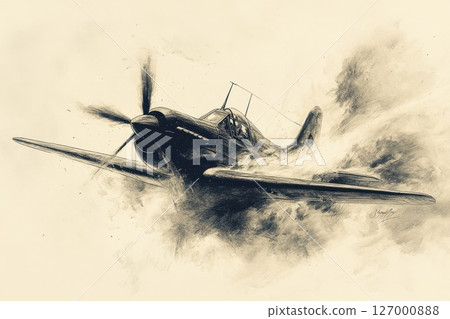 Vintage fighter plane soaring through clouds during a dramatic flight, showcasing power and speed in a dynamic black and white sketch 127000888