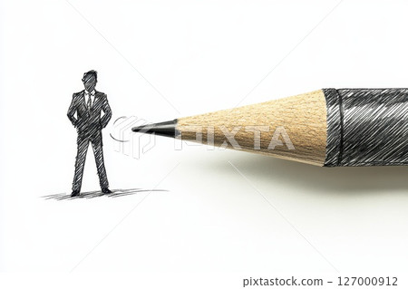 Creative illustration of a businessman standing next to a pencil, symbolizing ideas and potential drawn in a minimalistic style 127000912