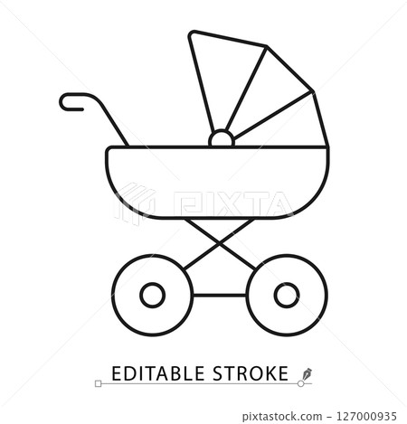 Stroller icon in clean linear style with cross-frame and canopy hood. Editable stroke vector perfect for newborn care, baby walking, parenting, nursery and childcare design. Stroller icon. Stroller icon in clean linear style with cross-frame and canopy hood. Editable stroke vector perfect for newborn care, baby walking, parenting, nursery and childcare design. Stroller icon. 127000935