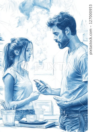 Couple engages in deep conversation in a cozy kitchen filled with artistic supplies and a warm atmosphere during a quiet afternoon Couple engages in deep conversation in a cozy kitchen filled with artistic supplies and a warm atmosphere during a quiet afternoon 127000953