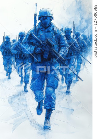 Soldiers in blue uniforms marching through a foggy battlefield with determination during a military exercise at dawn 127000968