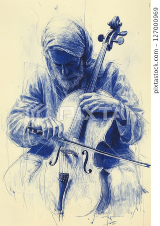Elderly musician playing cello in serene moment, capturing profound emotion in urban setting during evening hours 127000969