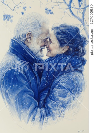 Couple embraces warmly in a snowy landscape, sharing love and joy during a winter day, with soft snowflakes falling around them in a peaceful and romantic atmosphere 127000989
