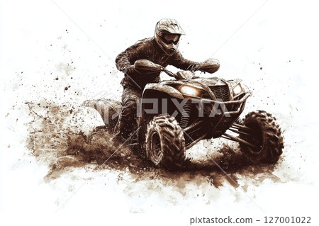 Off-road adventure with an ATV kicking up dirt during a thrilling ride in the wilderness on a sunny afternoon 127001022