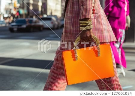 Stylish individual walks through a busy city street carrying a vibrant orange handbag while dressed in a colorful plaid suit during daytime 127001054