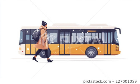 Person walks in winter towards an orange and white bus amidst falling snow in an urban setting during daytime 127001059