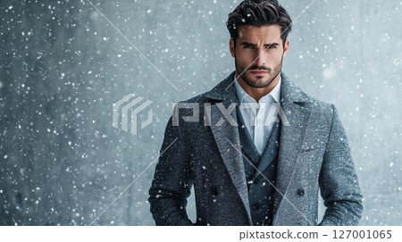 Stylish man in a grey coat enjoying a winter day amidst falling snowflakes in a serene outdoor setting 127001065