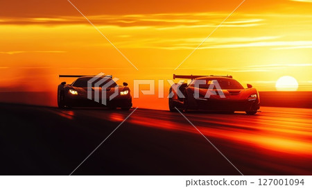 Luxury sports cars racing on an open road at sunset with vibrant orange and yellow skies in the background 127001094