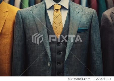 Elegant tailored suit display showcasing modern fashion trends in a vibrant clothing store during daylight hours 127001095