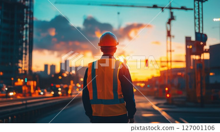 Construction worker observes sunset while standing on busy urban street surrounded by cranes and buildings in late afternoon Construction worker observes sunset while standing on busy urban street surrounded by cranes and buildings in late afternoon 127001106
