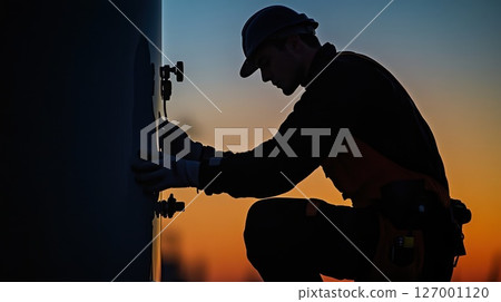 Worker performs maintenance on a turbine during sunset overlooking a power facility in a rural area 127001120