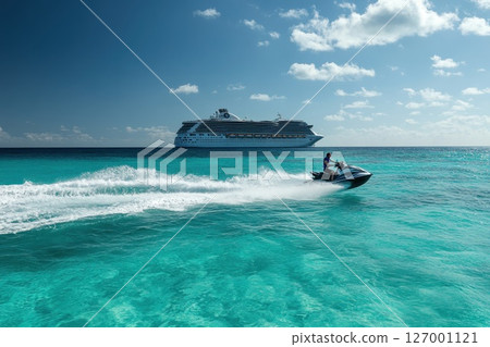 Jet ski adventure in turquoise waters with a cruise ship in the background under a sunny sky on a vibrant day 127001121