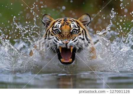 Tiger charges through water with mouth open, creating a spray as it hunts in its natural habitat at dawn 127001126