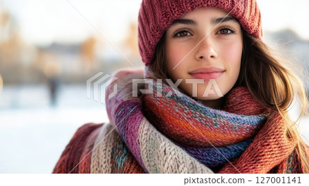 Smiling girl wearing warm hat and colorful scarf standing outdoors in winter sunlight with soft background 127001141