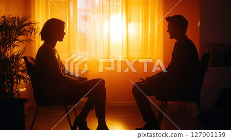 Conversations unfold in warm light during a counseling session set against a backdrop of a golden sunset in a cozy room 127001159
