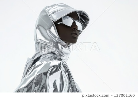 Modern fashion model showcasing sleek silver outerwear and reflective sunglasses in a minimalist setting against a stark white background 127001160