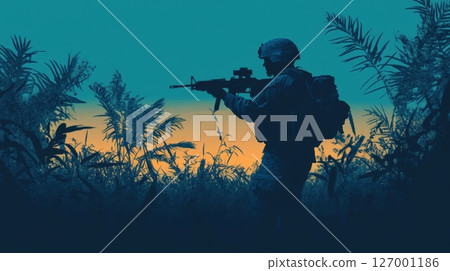 Soldier on patrol in dense foliage at dusk, silhouetted against a colorful sky during a military operation Soldier on patrol in dense foliage at dusk, silhouetted against a colorful sky during a military operation 127001186
