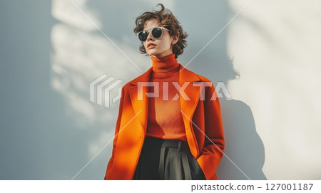 Fashionable young woman poses against a minimalist background, showcasing a bold orange outfit during daylight hours Fashionable young woman poses against a minimalist background, showcasing a bold orange outfit during daylight hours 127001187