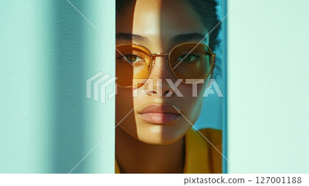 Portrait of a woman wearing round sunglasses against a colorful wall with sunlight creating a striking shadow effect in a bright environment Portrait of a woman wearing round sunglasses against a colorful wall with sunlight creating a striking shadow effect in a bright environment 127001188