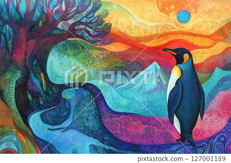 Colorful landscape featuring an emperor penguin against a vibrant abstract background inspired by nature's elements and mystical imagery 127001189