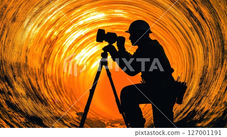Silhouette of a worker surveying inside a large tunnel during sunset with a tripod setup in an industrial setting creates a striking visual effect 127001191