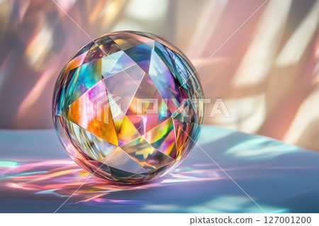 Crystal sphere reflecting colorful light patterns on a surface during daylight hours in a serene indoor setting Crystal sphere reflecting colorful light patterns on a surface during daylight hours in a serene indoor setting 127001200