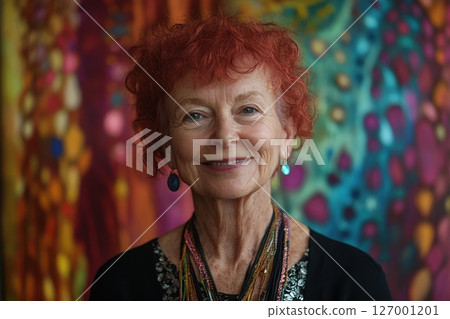 Portrait of a smiling woman with curly red hair in front of a vibrant, colorful background, showcasing her joy and vibrant personality in a warm and inviting atmosphere Portrait of a smiling woman with curly red hair in front of a vibrant, colorful background, showcasing her joy and vibrant personality in a warm and inviting atmosphere 127001201