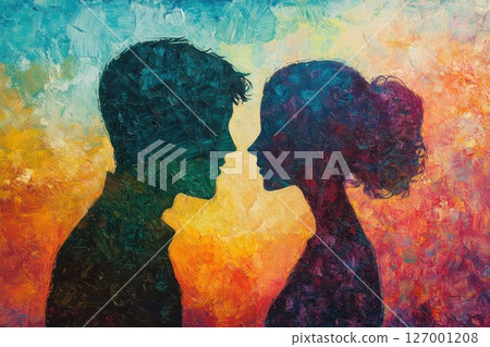 Silhouetted figures of a couple embrace in a vibrant sunset, depicting love and connection against an abstract background 127001208