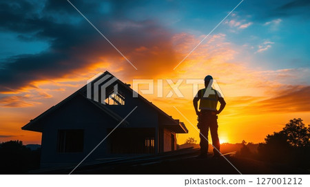 Construction worker observes sunset over building site in rural landscape during evening hours 127001212