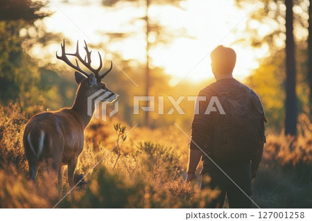 Quiet morning encounter between a person and a deer in a sunlit forest at dawn showcasing the beauty of nature and wildlife connection 127001258