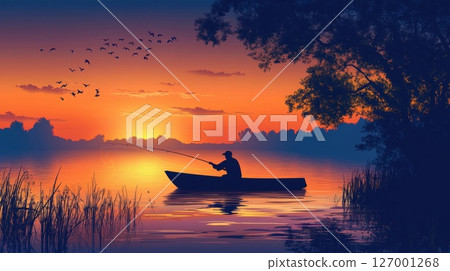 Sunset fishing on a calm lake with a silhouette of an angler in a boat and birds flying in the horizon 127001268