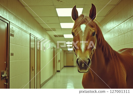 Horse standing confidently in a brightly lit hallway of a barn during daytime showcasing its majestic presence and unique features to onlookers 127001311