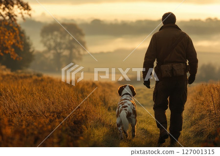 Person walks with a dog through a serene countryside landscape during early morning mist with golden light illuminating the field and trees 127001315