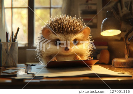 Cute hedgehog typing on a notepad at a cozy desk by a window during the morning light 127001316