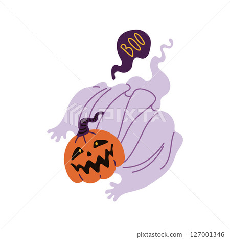 Cute ghost with pumpkin halloween vector illustration Cute ghost with pumpkin halloween vector illustration 127001346